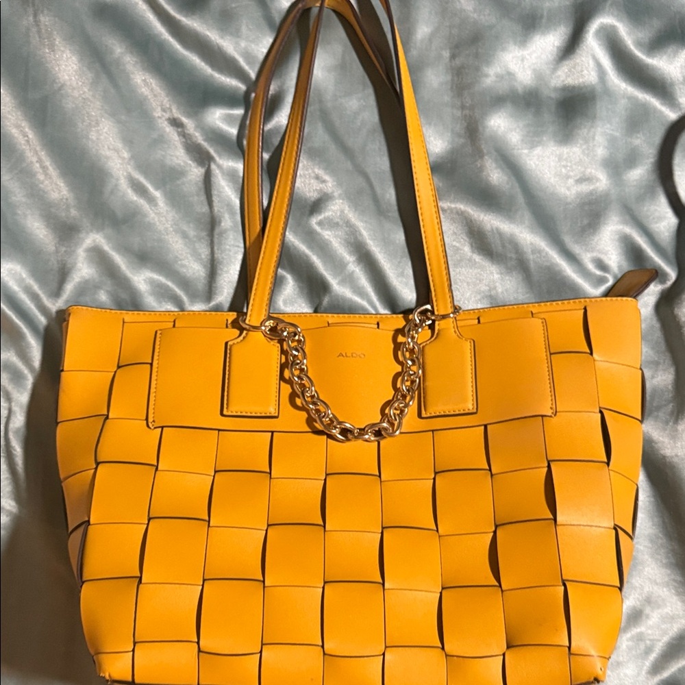 Aldo Mustard Woven Tote with Chain Detail